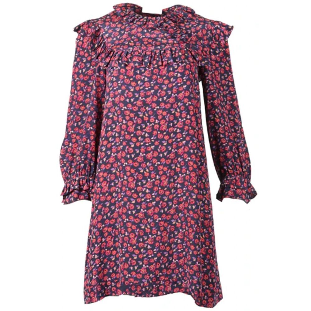 Sandro 100% Silk Floral Print Mini Dress Ruffle Detail Shift Dress 1 or XS